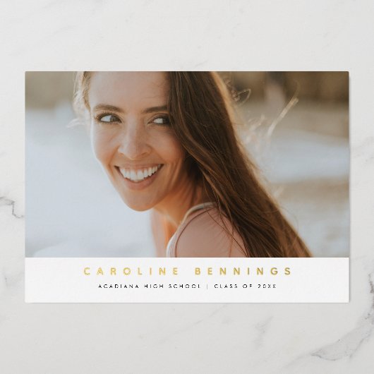 写真モダンミニマルの卒業金ゴールド 箔招待状 (正面)