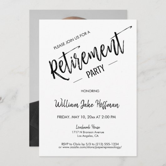 写真モダンミニマル驚きの退職パーティー 招待状 (正面/裏面)