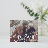写真モダンメリークリスマススクリプトトレンディーカップル シーズンポストカード (スタンド正面)