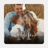 写真モダンモノグラム名クリスマス メタルオーナメント (正面)