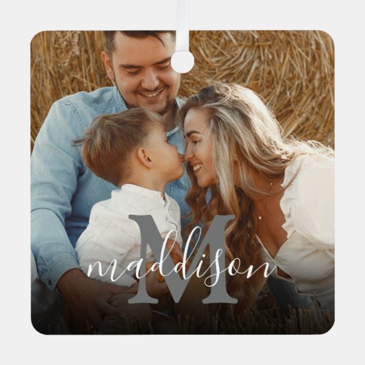 写真モダンモノグラム名クリスマス メタルオーナメント (正面)
