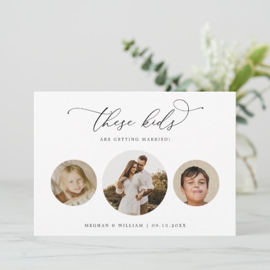 写真モダンユニークこれらの子供の結婚写真 セーブザデート (スタンド正面)