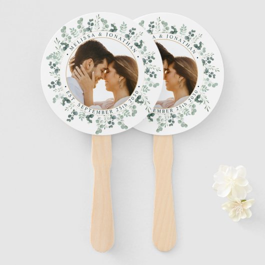 写真モダンユーカリパーソナライズされた結婚ス ハンドファン (正面&裏面)