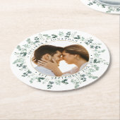 写真モダンユーカリパーソナライズされた結婚ス ラウンドペーパーコースター (アングル)