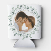 写真モダンユーカリパーソナライズされた結婚ス 缶クーラー (裏面)