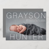  写真モダン上の名前の生まれたばかりの誕生 案内状 (正面/裏面)