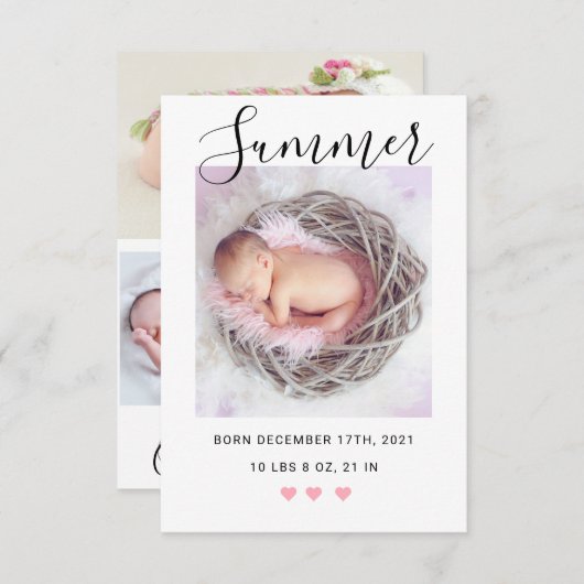 写真モダン付きの誕生発表スクリプト 案内状 (正面/裏面)