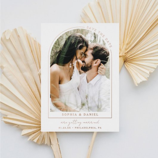 写真モダン付きアーチBoho Arch日付を保存 箔招待状