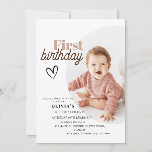 写真モダン付きキッズファースト誕生日招待状 招待状 (正面)