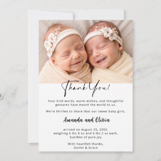 写真モダン付きツインベビー発表 案内状 (裏面)