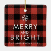 写真モダン付き家族赤バッファロープレイド セラミックオーナメント (裏面)