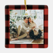 写真モダン付き家族赤バッファロープレイド セラミックオーナメント (正面)