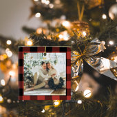 写真モダン付き家族赤バッファロープレイド セラミックオーナメント