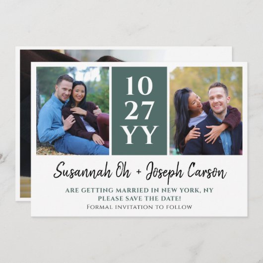 写真モダン付き緑のビッグデート日付を保存 セーブザデート (正面/裏面)