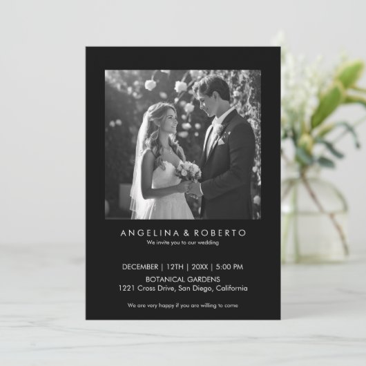 写真モダン付き黒シンプル色結婚式招待状 招待状 (スタンド正面)