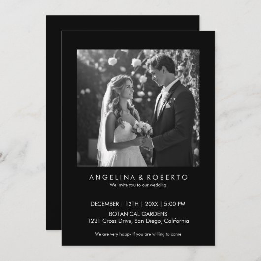 写真モダン付き黒シンプル色結婚式招待状 招待状 (正面/裏面)