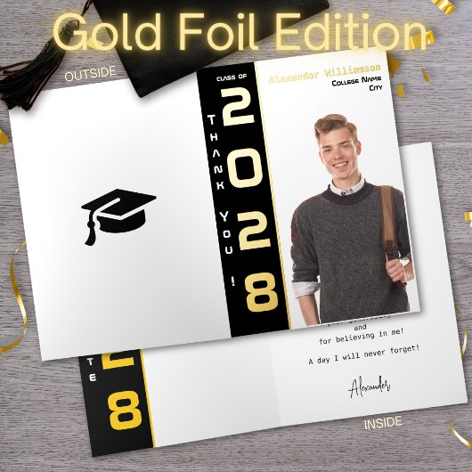 写真モダン卒業ありがとうブラック金ゴールド 箔グリーティングカード