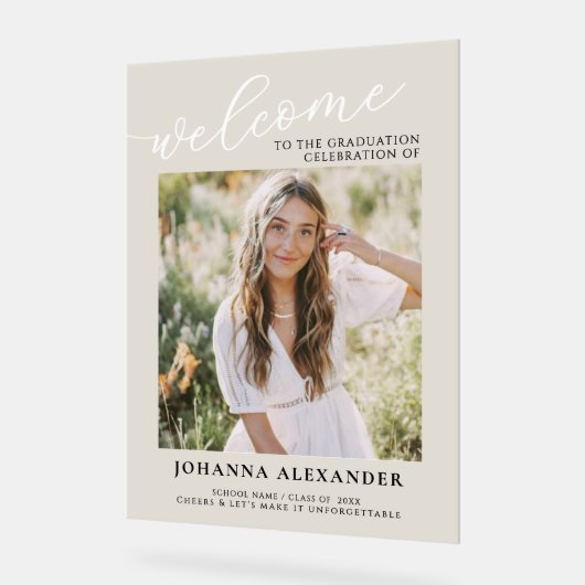 写真モダン卒業へようこそ アクリルサイン (傾斜)