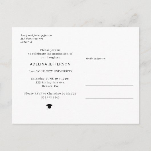 写真モダン卒業タイポグラフィ インビテーションポストカード (裏面)