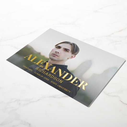 写真モダン卒業パーティーの名前 箔招待状 (回転した状態)