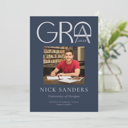 写真モダン卒業大学ネイビー 案内状 (スタンド正面)