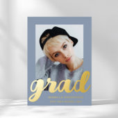 写真モダン卒業式ほこりっぽい青金ゴールド 箔招待状