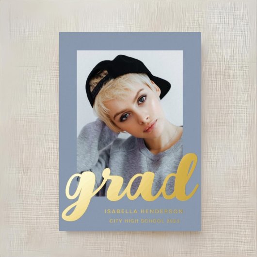 写真モダン卒業式ほこりっぽい青金ゴールド 箔招待状