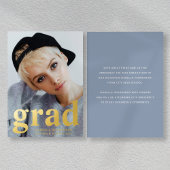 写真モダン卒業式ほこりっぽい青金ゴールド 箔招待状