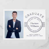 写真モダン卒業生シルバー 箔招待状 (正面)