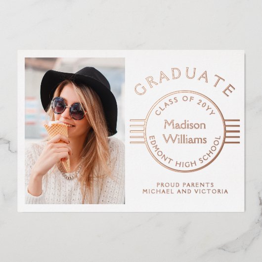 写真モダン卒業生バラ金ゴールド 箔招待状 (正面)