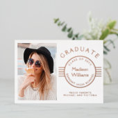 写真モダン卒業生バラ金ゴールド 箔招待状 (立ち正面)