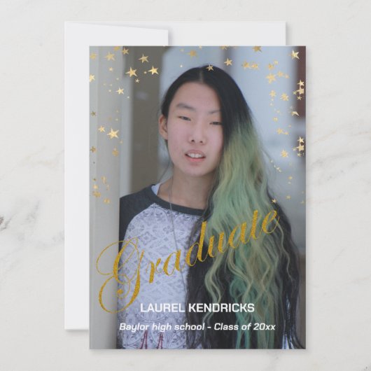 写真モダン卒業金ゴールド星パーティー 招待状 (正面)