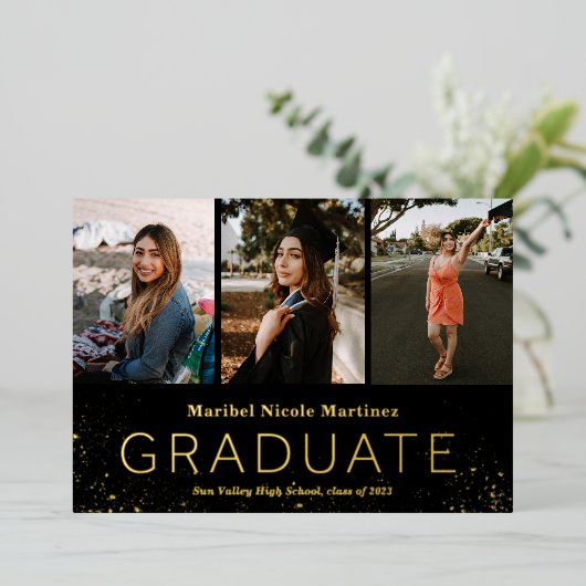 写真モダン卒業金箔発表 箔招待状 (立ち正面)