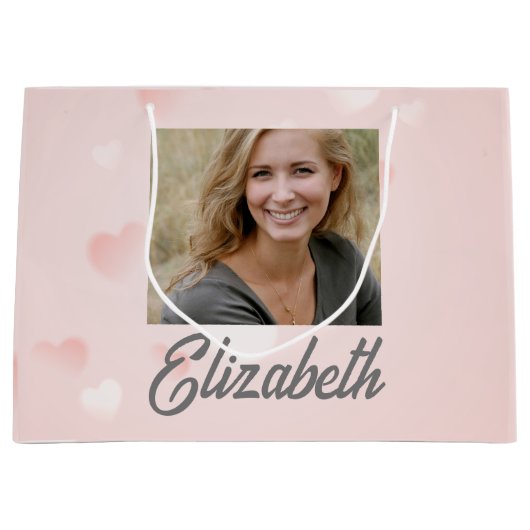 写真モダン名水色ピンク白ハート ラージペーパーバッグ (正面)