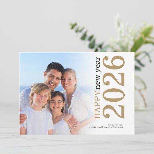 写真モダン回転文字ハッピーニューイヤー2026金ゴールド シーズンカード (スタンド正面)