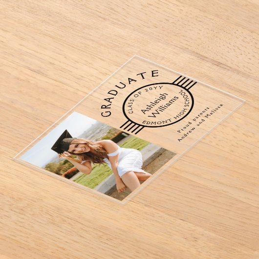 写真モダン大学院ブラックストライプ卒業式 アクリル招待状 (レイダウン)
