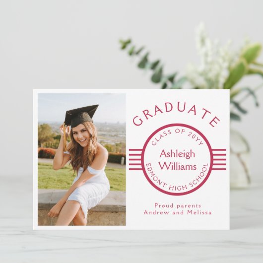 写真モダン大学院マゼンタストライプン卒業 案内状 (スタンド正面)