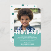 写真モダン子供の誕生日感謝してい |ティール(緑がかった色) サンキューカード (正面/裏面)