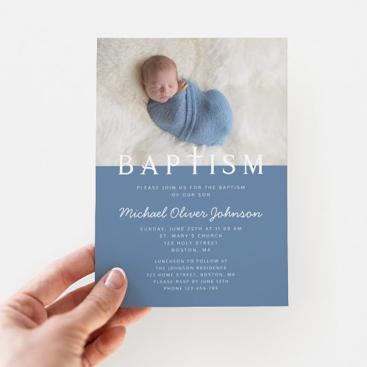 写真モダン宗教的クロスブルーボーイバプテスマ 招待状