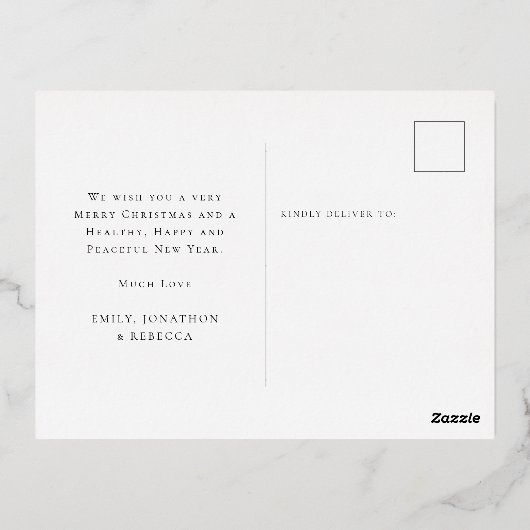 写真モダン引用文ジョイ・クリスマス実在 箔シーズンポストカード (裏面)