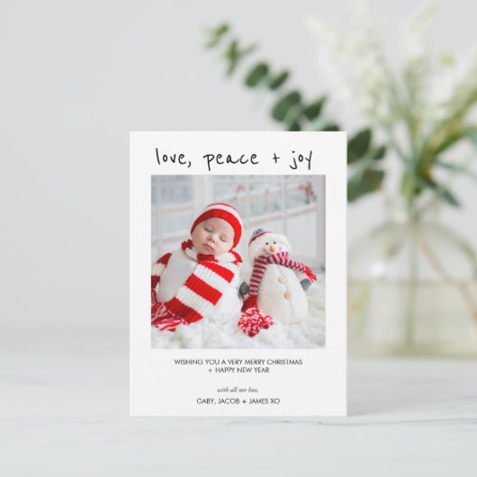写真モダン愛の平和の喜びクリスマスポストカード ポストカード (スタンド正面)