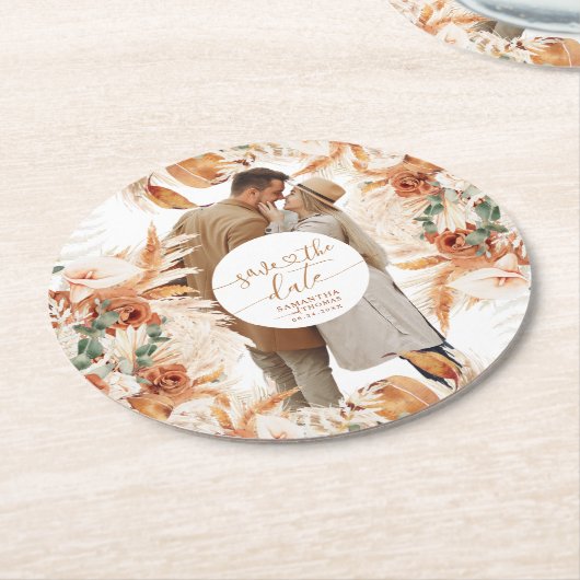 写真モダン手書きスクリプト日付の保存 ラウンドペーパーコースター (アングル)