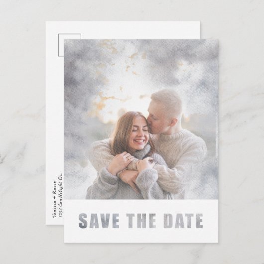 写真モダン文字オーバーレイ結婚式の日付を保存 案内ポストカード (正面/裏面)