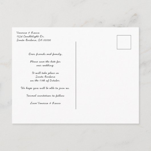 写真モダン文字オーバーレイ結婚式の日付を保存 案内ポストカード (裏面)