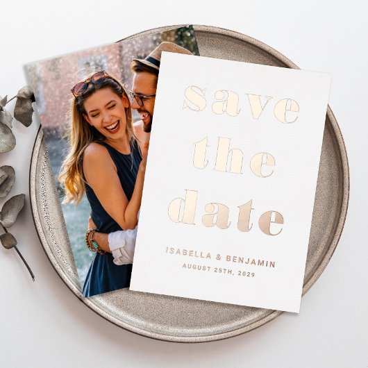 写真モダン日付の保存バラ金ゴールド 箔招待状