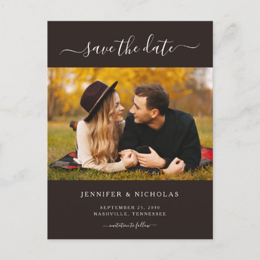 写真モダン日付の保存婚約 案内ポストカード (正面)