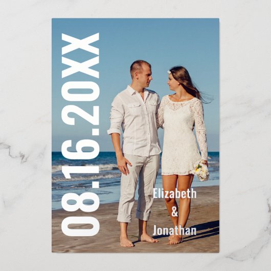 写真モダン日付の保存 箔招待状 (正面)