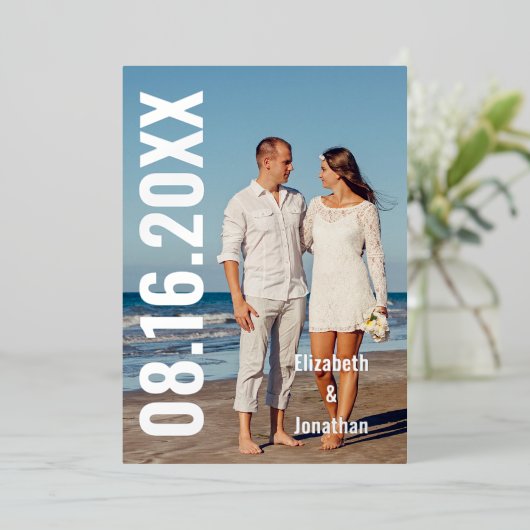 写真モダン日付の保存 箔招待状 (立ち正面)