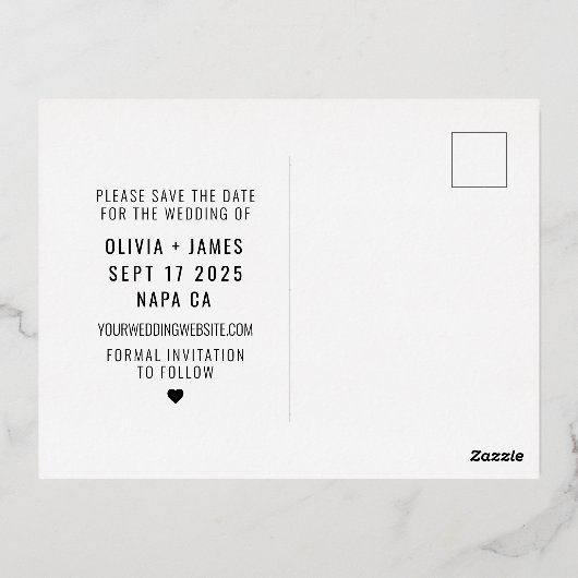 写真モダン日付の発結婚表を保存 箔シーズンポストカード (裏面)