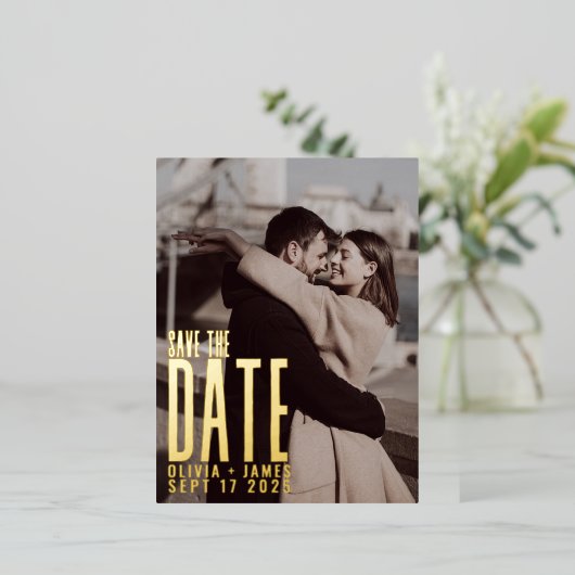 写真モダン日付の発結婚表を保存 箔シーズンポストカード (立ち正面)